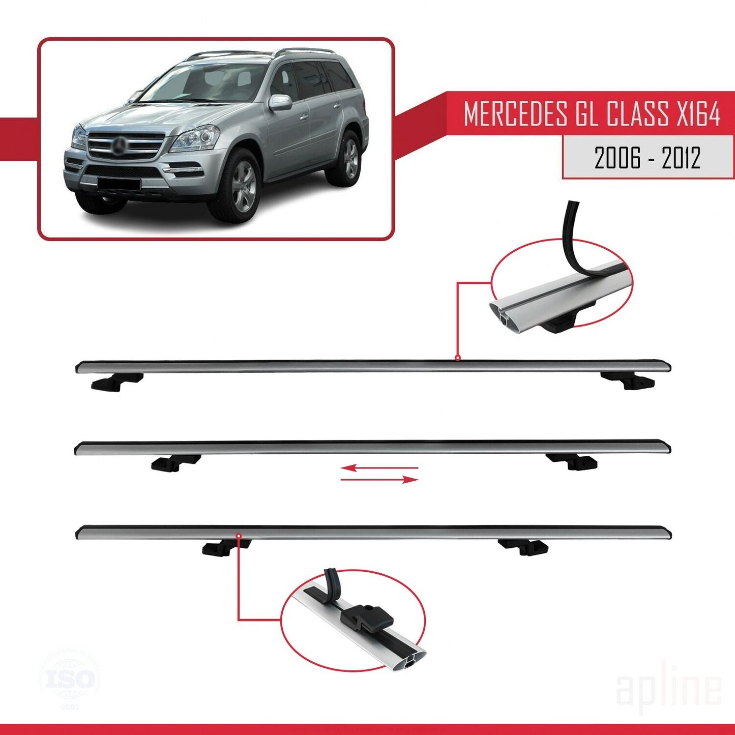 Compatible with Mercedes GL Class (X164) 2006-2012 BASIC Model Car Roof Rack Cross Bar Grey Aluminium 3 Bars
