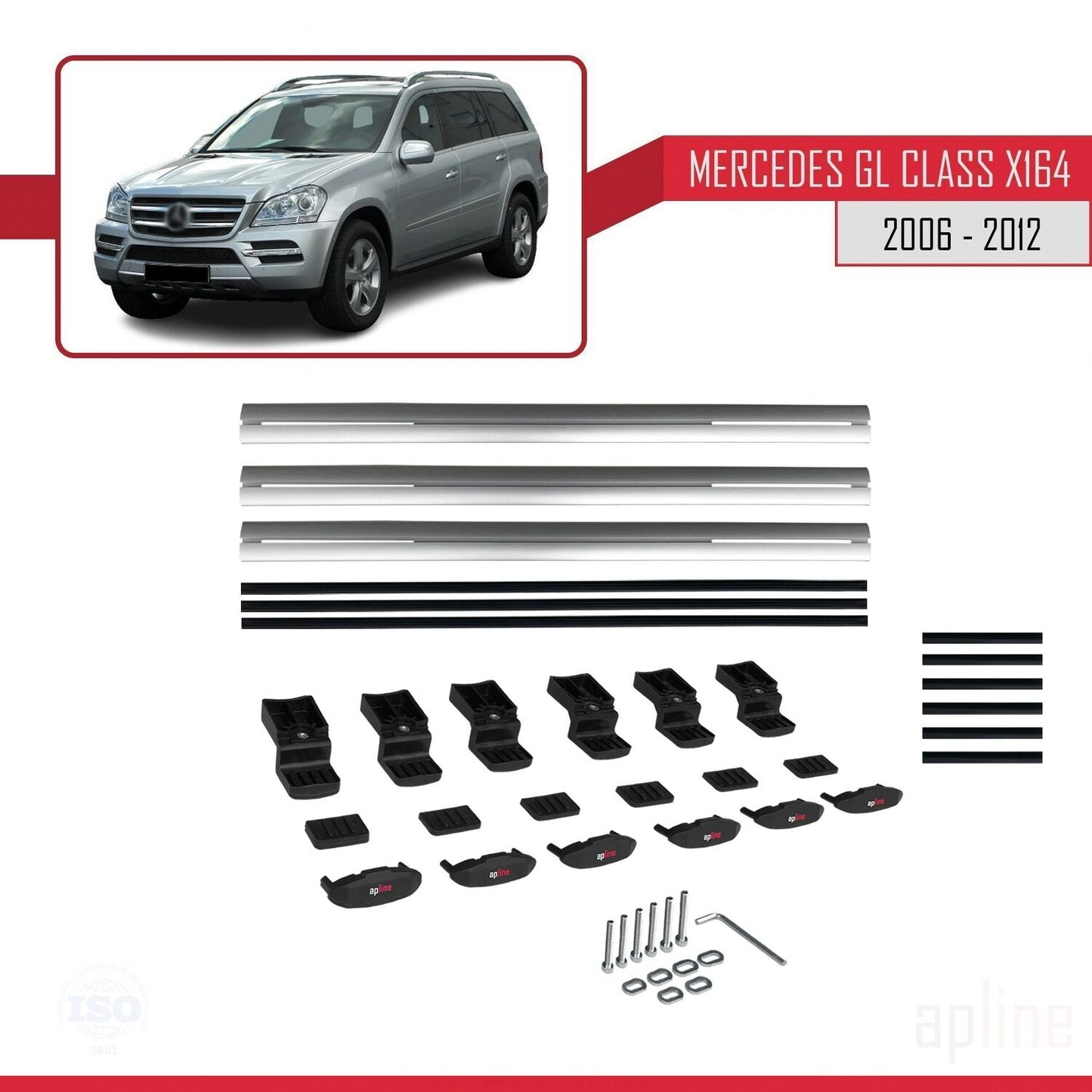 Compatible with Mercedes GL Class (X164) 2006-2012 BASIC Model Car Roof Rack Cross Bar Grey Aluminium 3 Bars