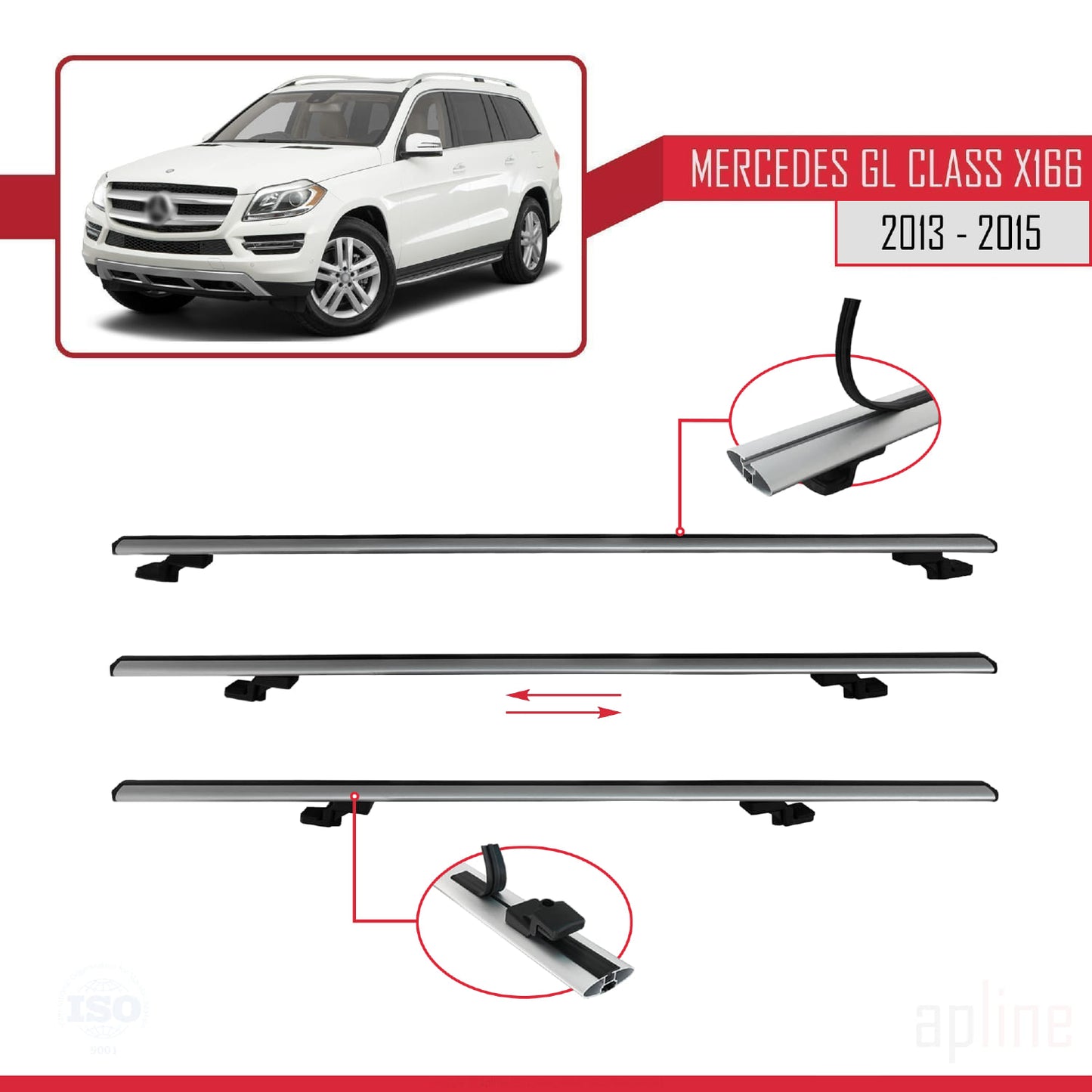 Kompatibel mit Mercedes GL Klasse 2 (X166) Pre-Facelift 2013-2015 BASIC Model Relingträger Dachträger Auto Gepäckträger Grau Aluminium 3 Stangen