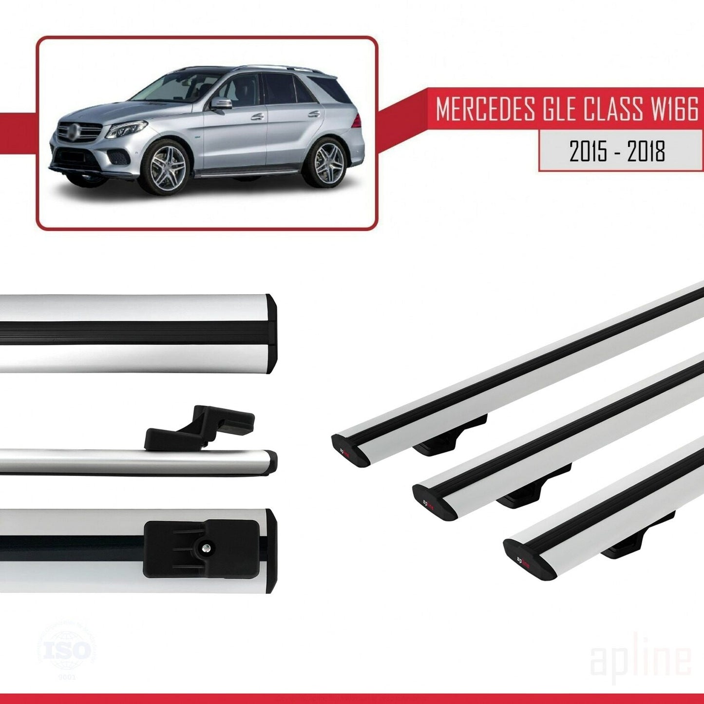 Kompatibel mit Mercedes GLE Klasse 3 (W166) 2015-2018 BASIC Model Relingträger Dachträger Auto Gepäckträger Grau Aluminium 3 Stangen