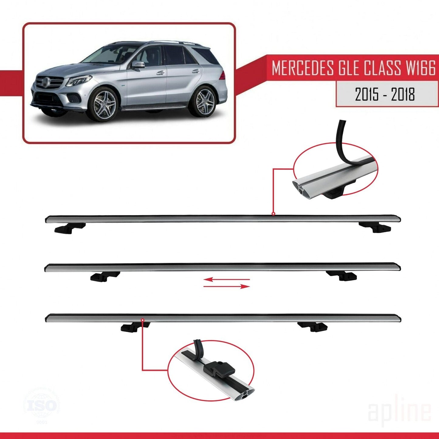 Kompatibel mit Mercedes GLE Klasse 3 (W166) 2015-2018 BASIC Model Relingträger Dachträger Auto Gepäckträger Grau Aluminium 3 Stangen