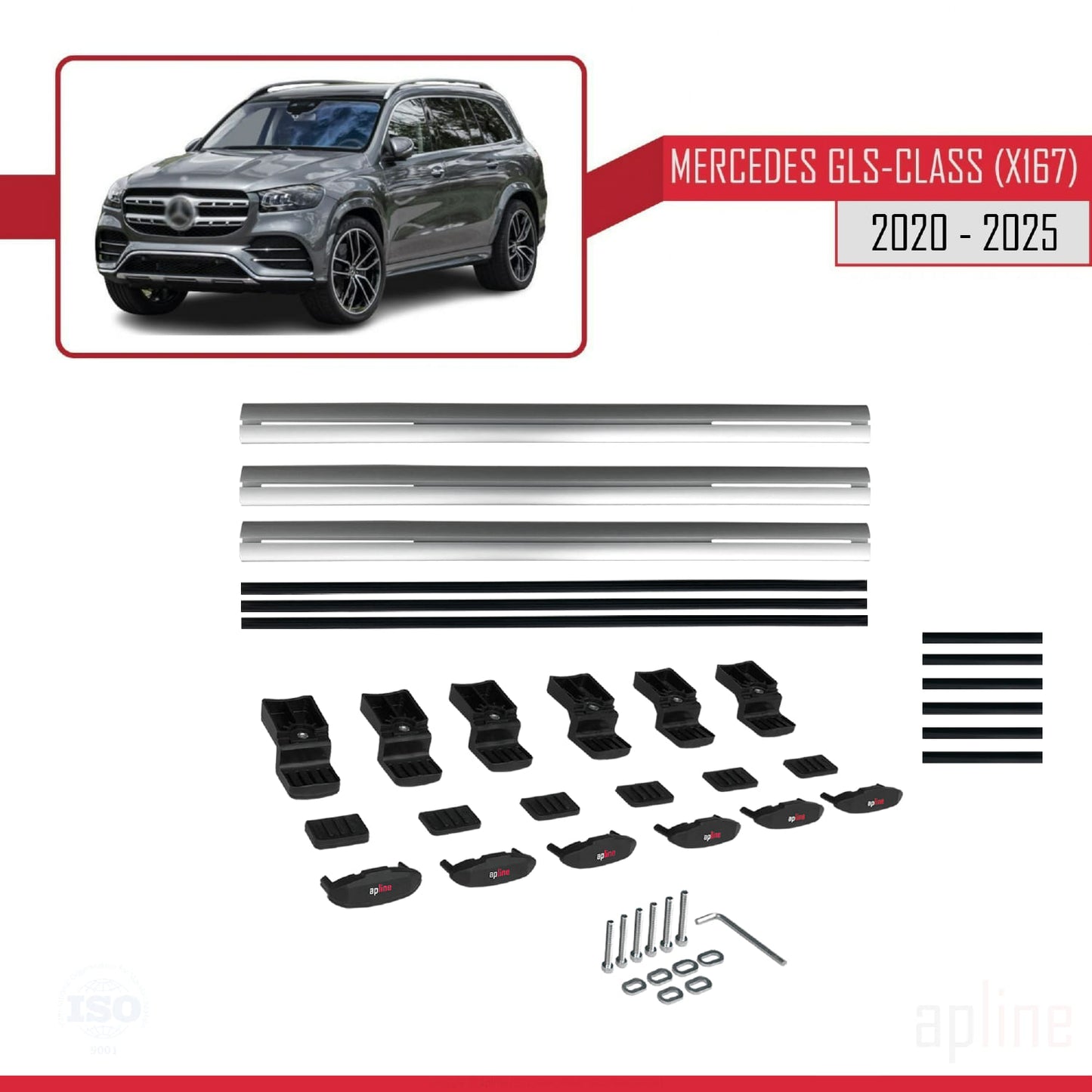 Compatible with Mercedes GLS Class (X167) 2020-2025 BASIC Model Car Roof Rack Cross Bar Grey Aluminium 3 Bars