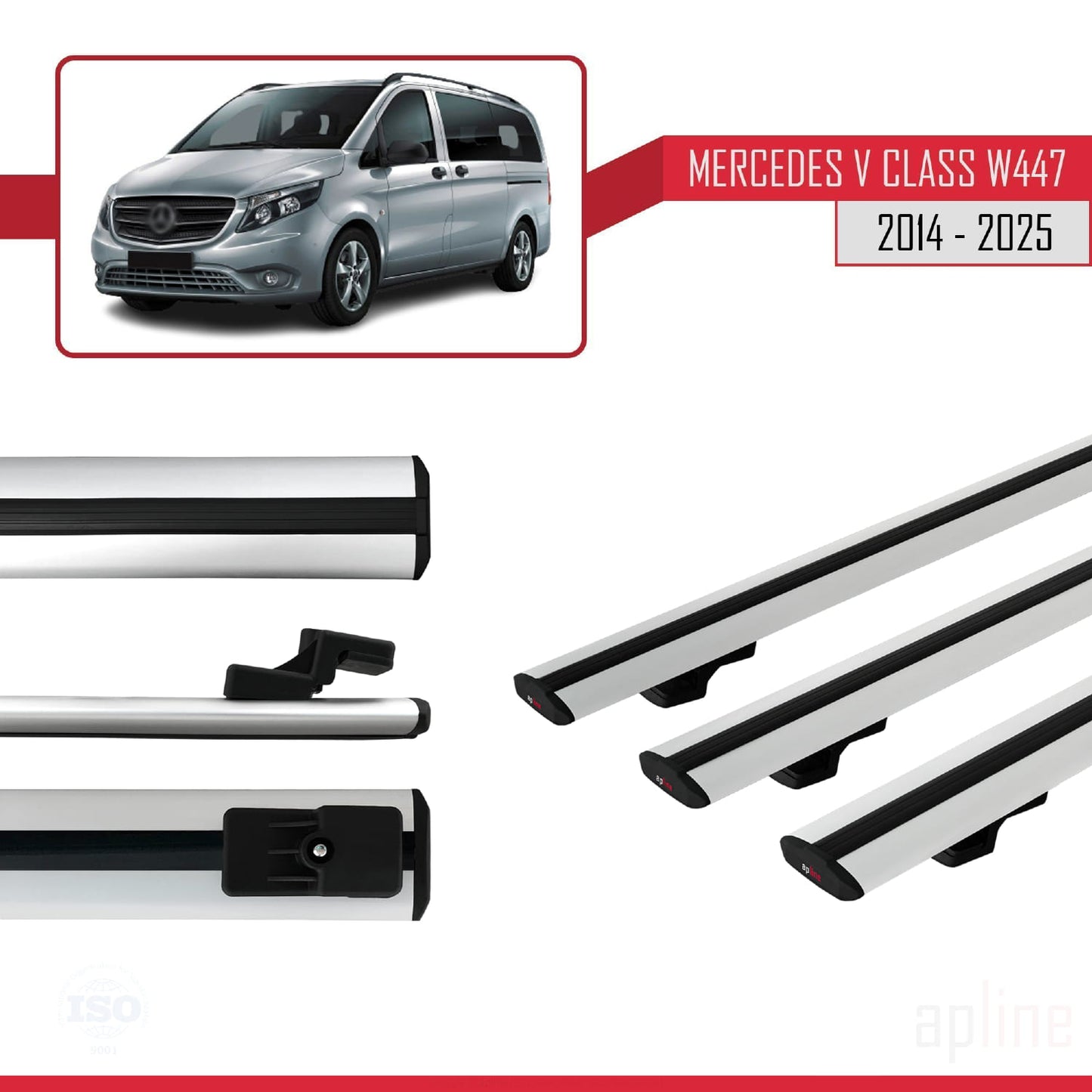 Kompatibel mit Mercedes V Klasse 3 (W447) 2014-2025 BASIC Model Relingträger Dachträger Auto Gepäckträger Grau Aluminium 3 Stangen