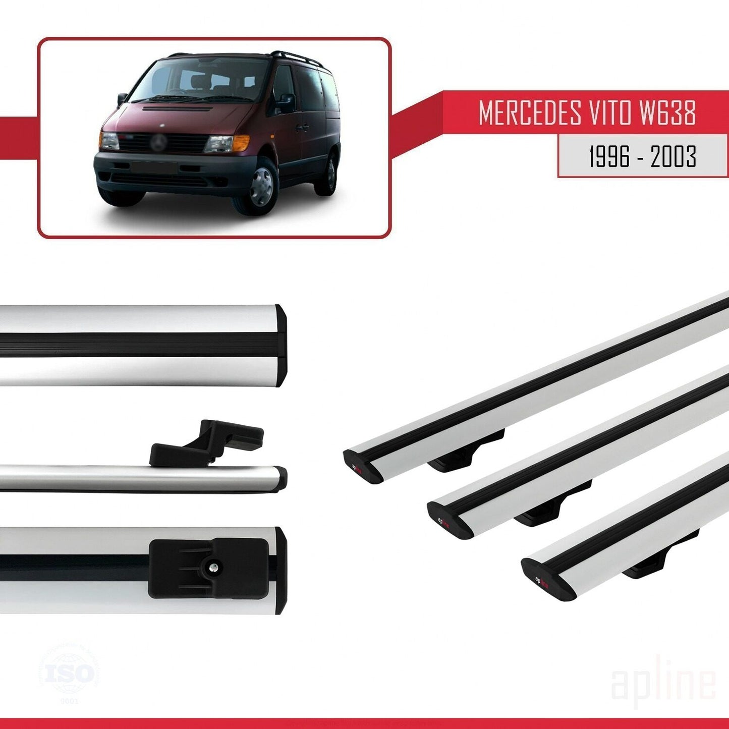 Compatible with Mercedes Vito (W638) 1996-2003 BASIC Model Car Roof Rack Cross Bar Grey Aluminium 3 Bars