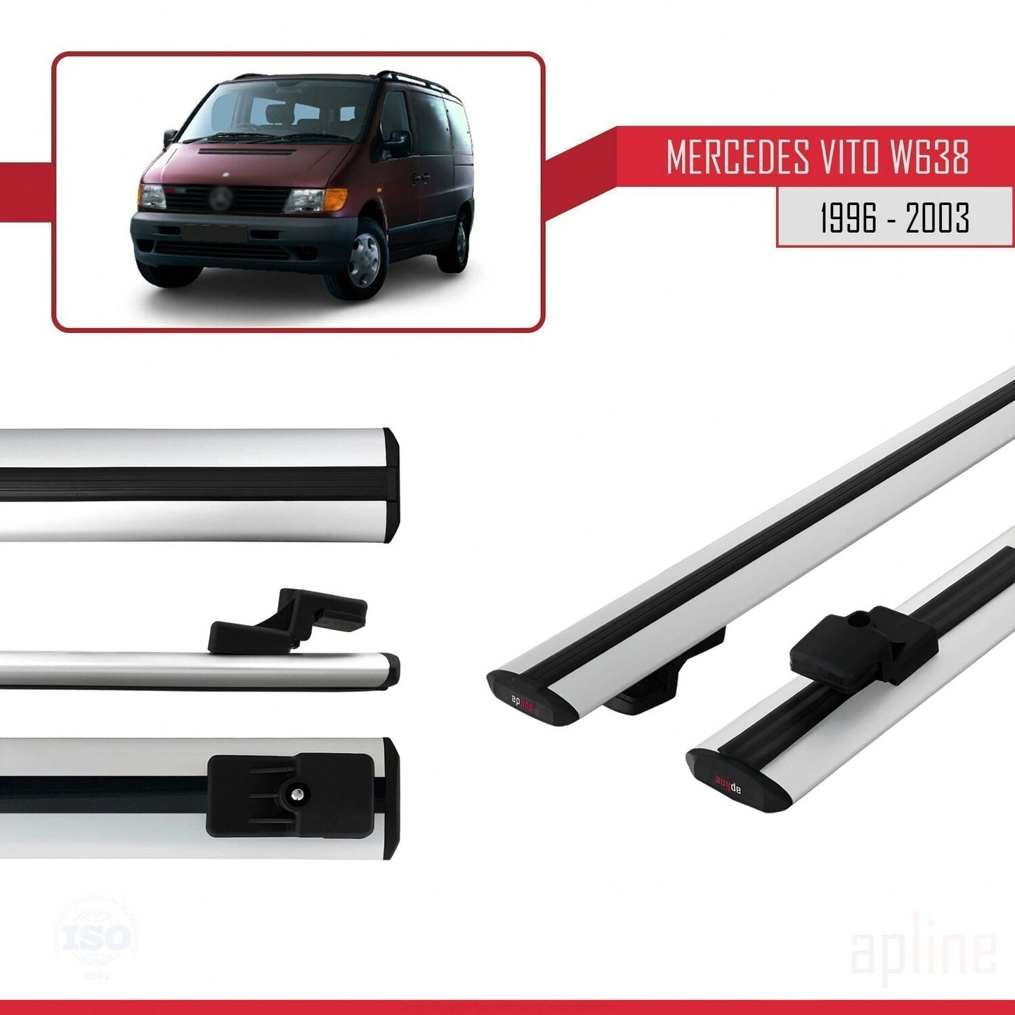 Compatible with Mercedes Vito (W638) 1996-2003 BASIC Model Car Roof Rack Cross Bar Grey Aluminium 2 Bars