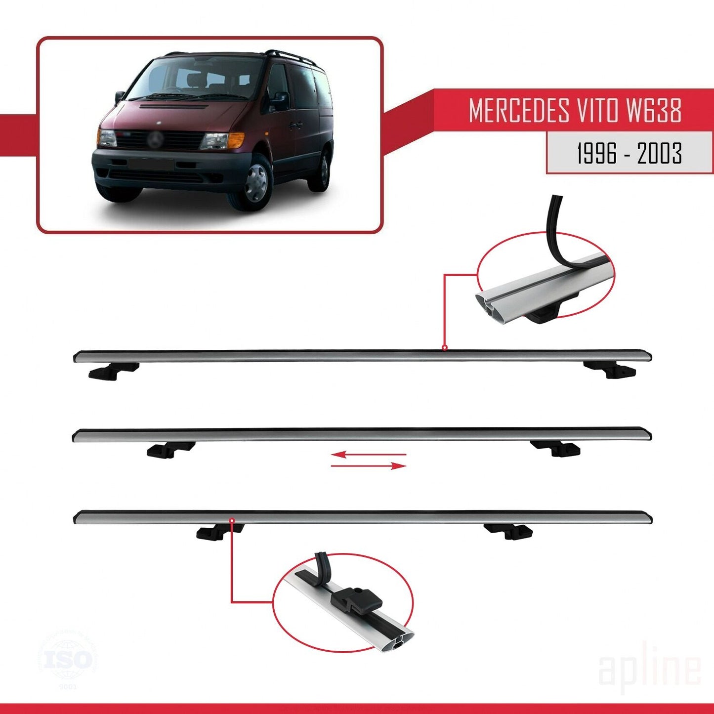 Compatible with Mercedes Vito (W638) 1996-2003 BASIC Model Car Roof Rack Cross Bar Grey Aluminium 2 Bars
