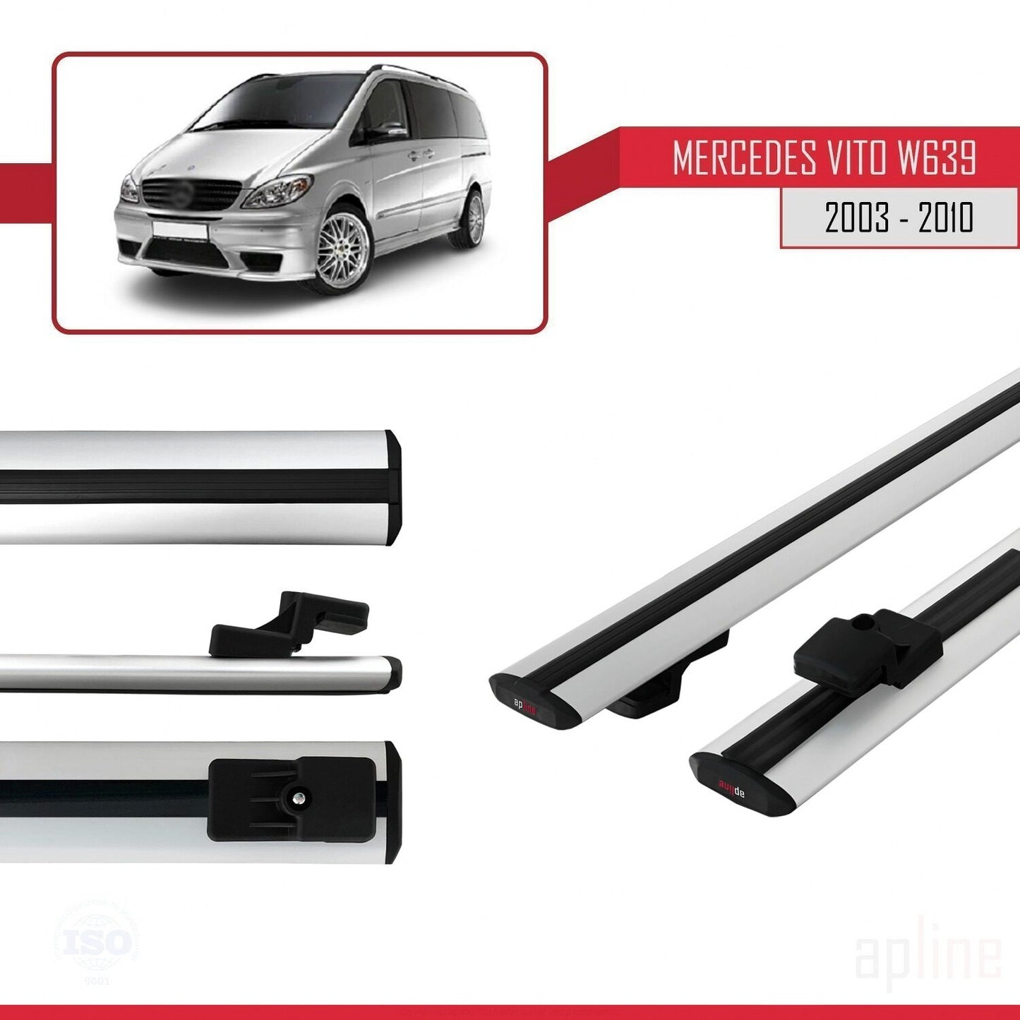 Compatible with Mercedes Vito 2 (W639) Pre-Facelift 2003-2010 BASIC Model Car Roof Rack Cross Bar Grey Aluminium 2 Bars