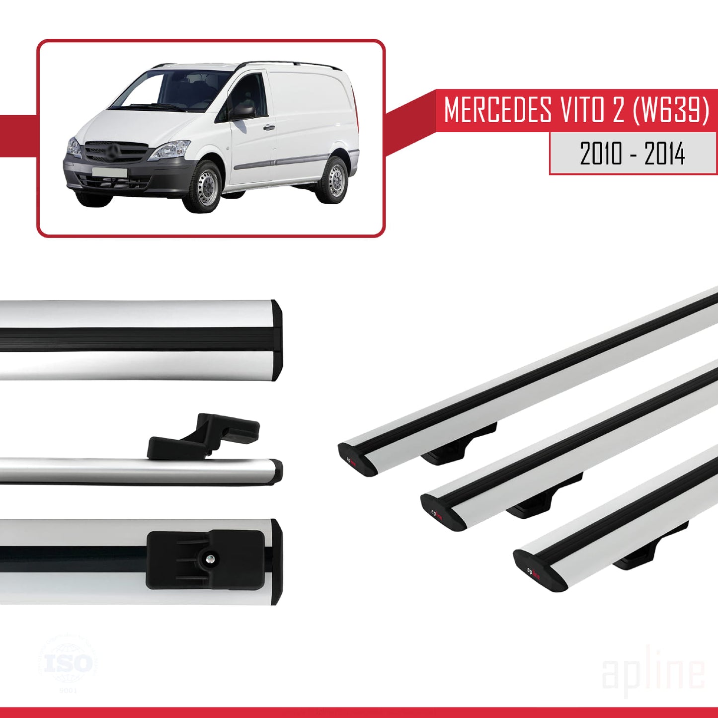 Compatible with Mercedes Vito 2 (W639) Post-Facelift 2010-2014 BASIC Model Car Roof Rack Cross Bar Grey Aluminium 3 Bars