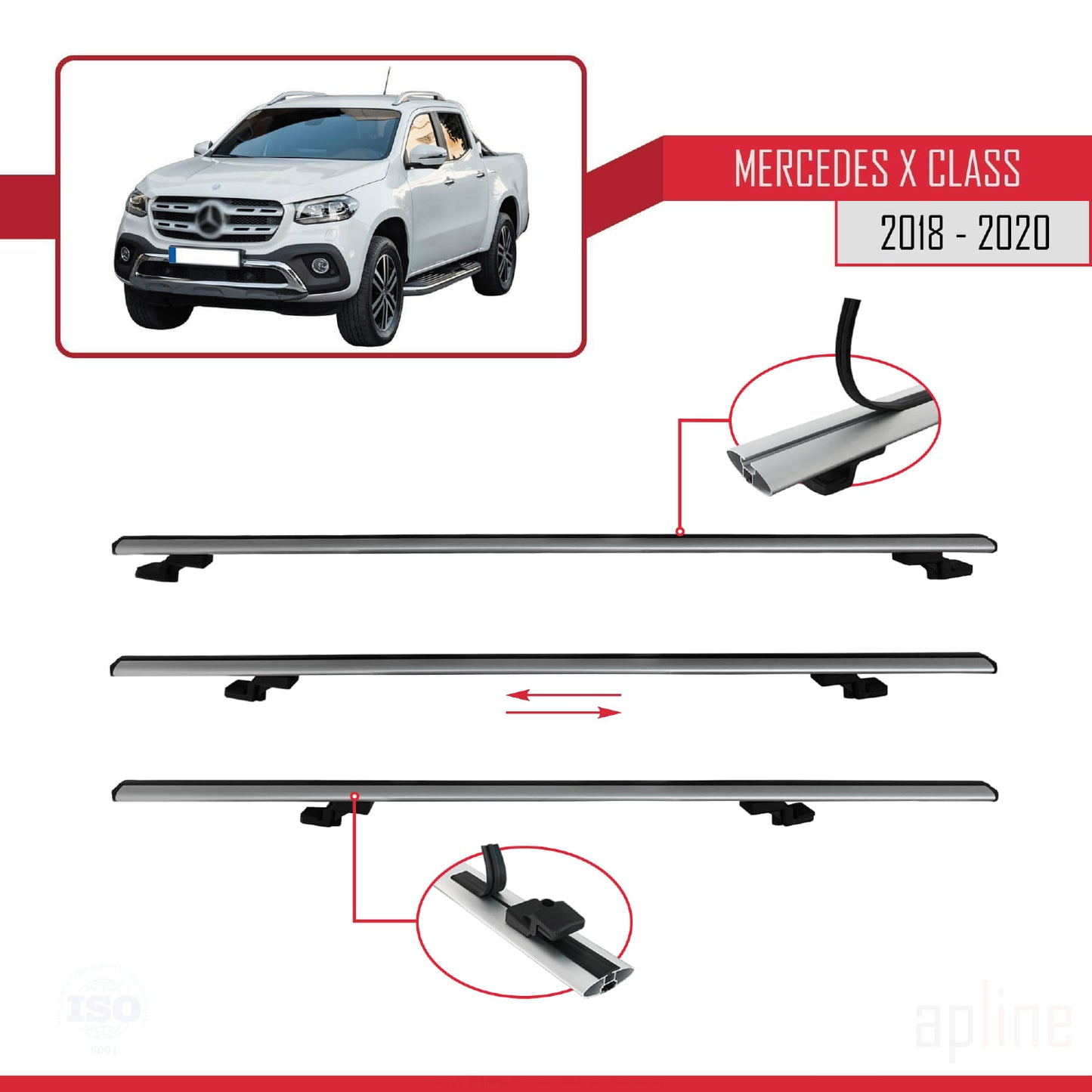 Kompatibel mit Mercedes X Klasse (470) 2018-2020 BASIC Model Relingträger Dachträger Auto Gepäckträger Grau Aluminium 3 Stangen