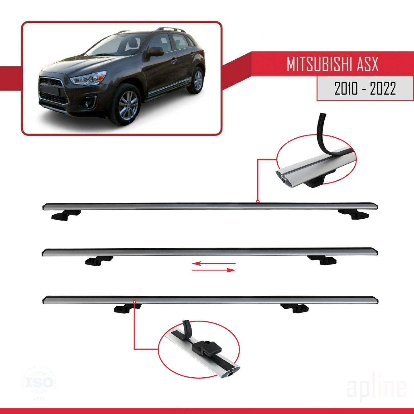 Compatible avec Mitsubishi ASX (GA) 2010-2022 BASIC Model Barres de Toit Railing Porte-Bagages de Voiture Gris Aluminium 2 Barres