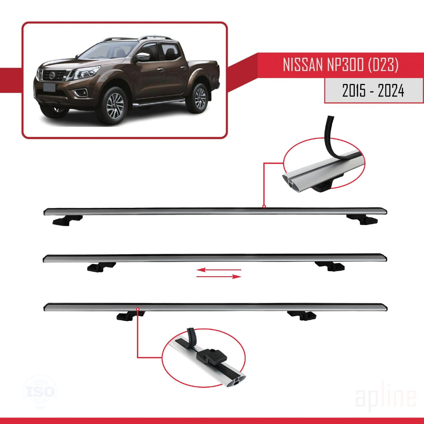 Compatible avec Nissan NP300 (D23) 2015-2021 BASIC Model Barres de Toit Railing Porte-Bagages de Voiture Gris Aluminium 3 Barres