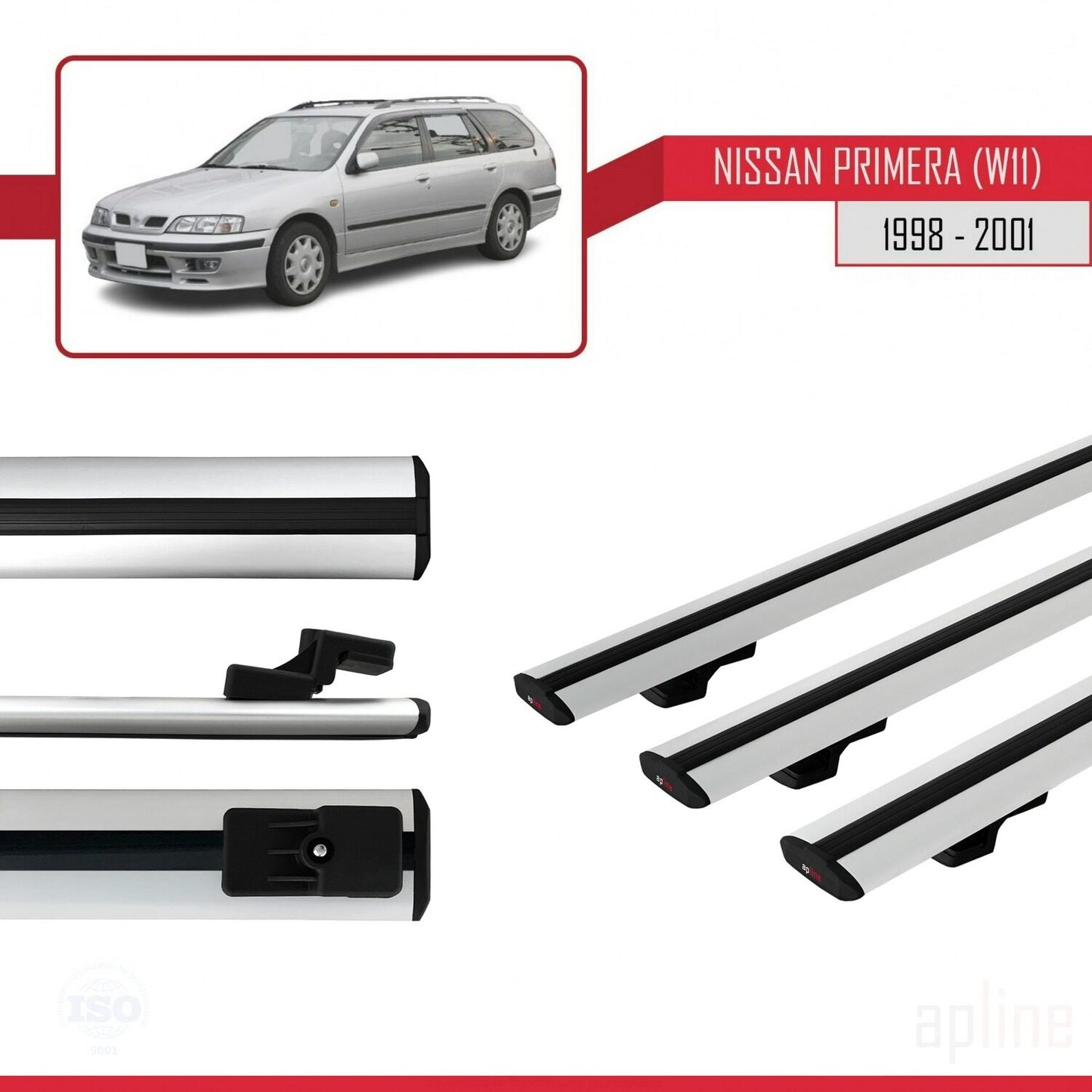 Compatible with Nissan Primera 2 (W11) Traveller 1998-2001 BASIC Model Car Roof Rack Cross Bar Grey Aluminium 3 Bars