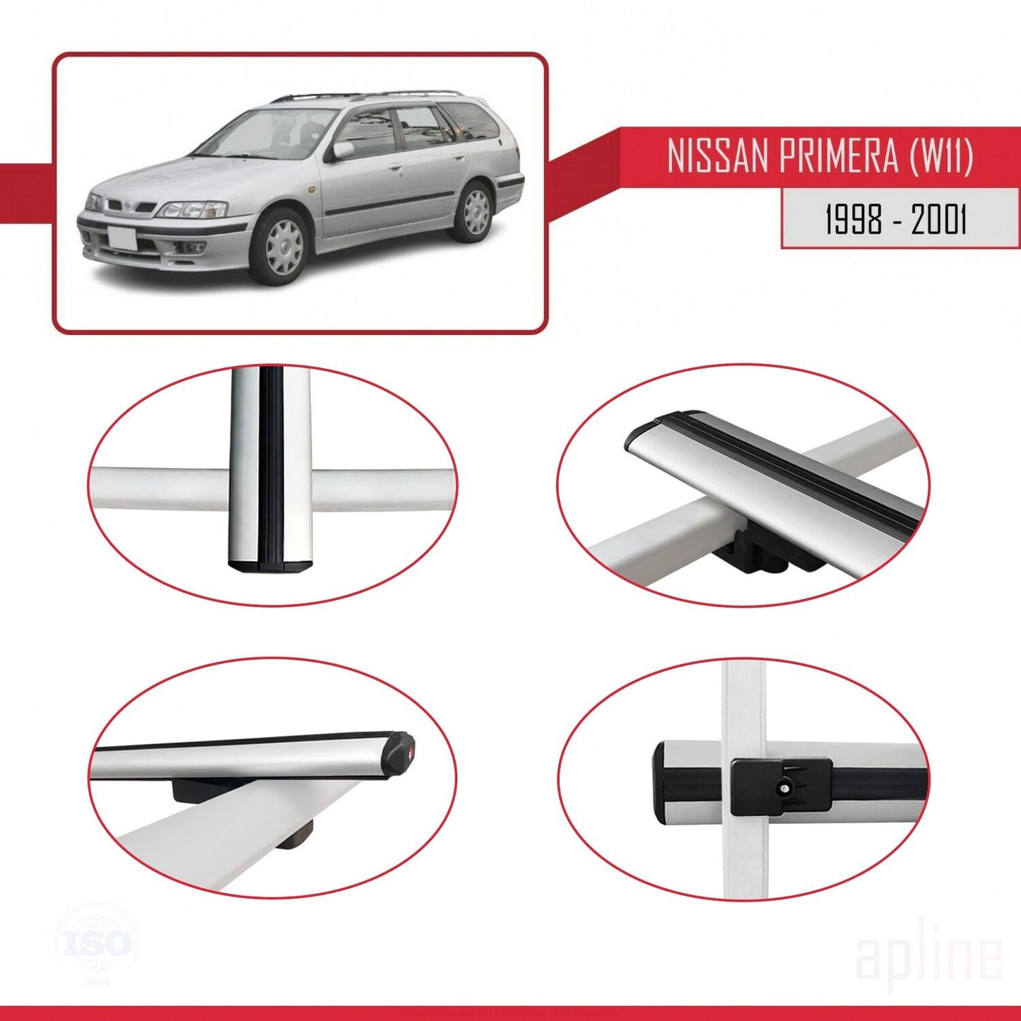 Compatible with Nissan Primera 2 (W11) Traveller 1998-2001 BASIC Model Car Roof Rack Cross Bar Grey Aluminium 3 Bars