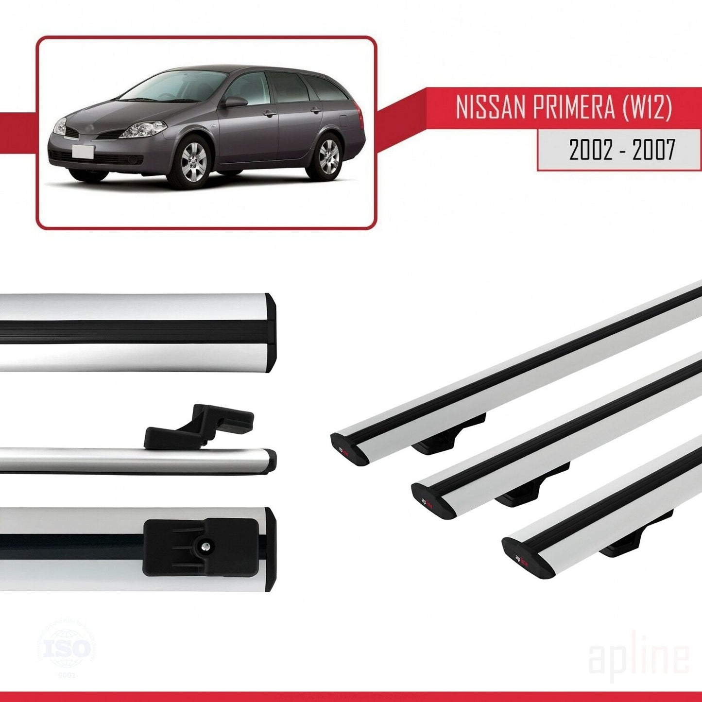 Kompatibel mit Nissan Primera 3 (W12) Traveller 2002-2007 BASIC Model Relingträger Dachträger Auto Gepäckträger Grau Aluminium 3 Stangen