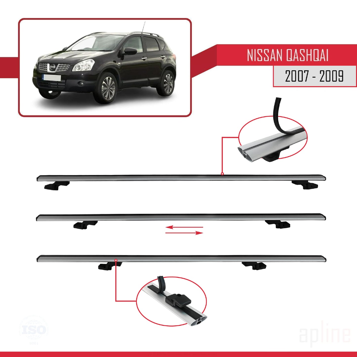 Kompatibel mit Nissan Qashqai (J10) Pre-Facelift 2007-2009 BASIC Model Relingträger Dachträger Auto Gepäckträger Grau Aluminium 3 Stangen
