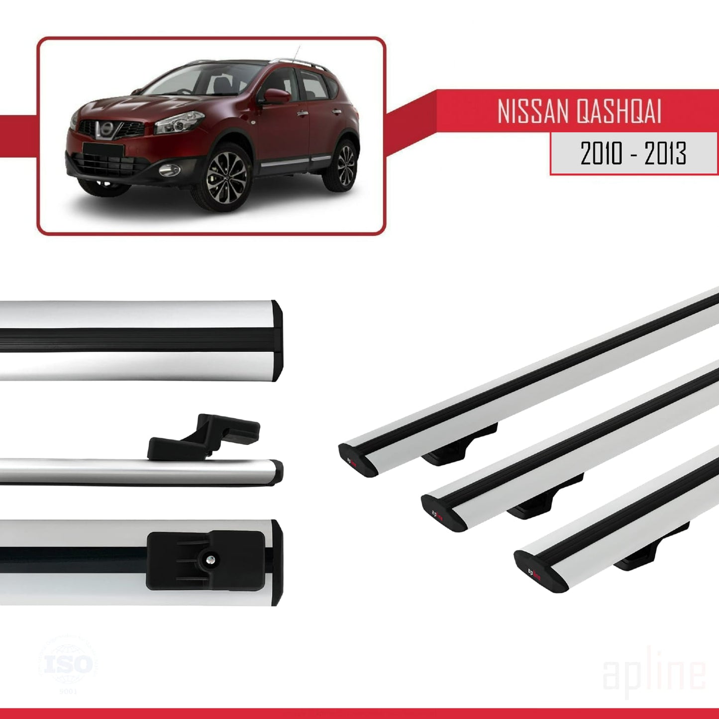 Compatible with Nissan Qashqai (J10) Post-Facelift 2010-2013 BASIC Model Car Roof Rack Cross Bar Grey Aluminium 3 Bars