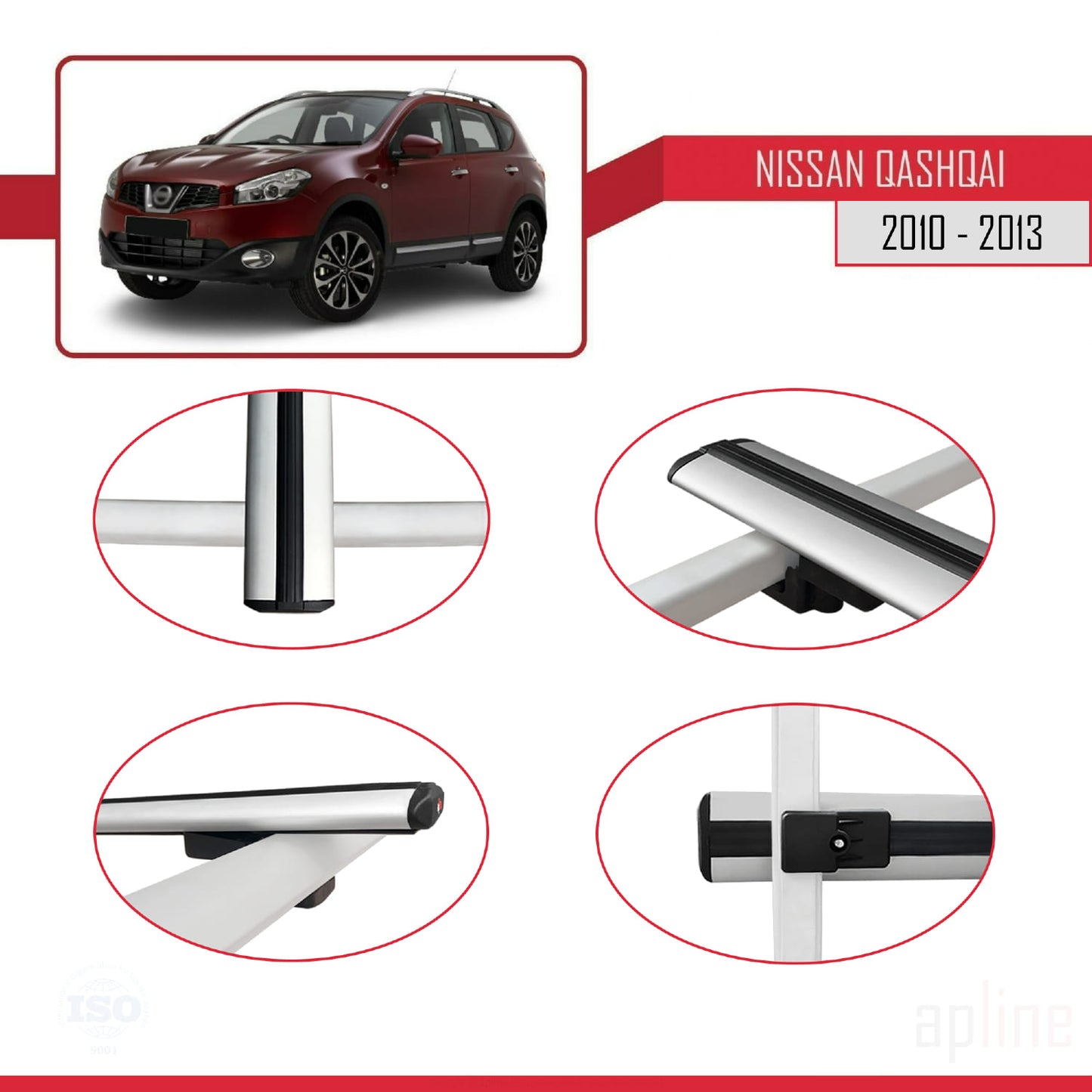 Compatible with Nissan Qashqai (J10) Post-Facelift 2010-2013 BASIC Model Car Roof Rack Cross Bar Grey Aluminium 3 Bars