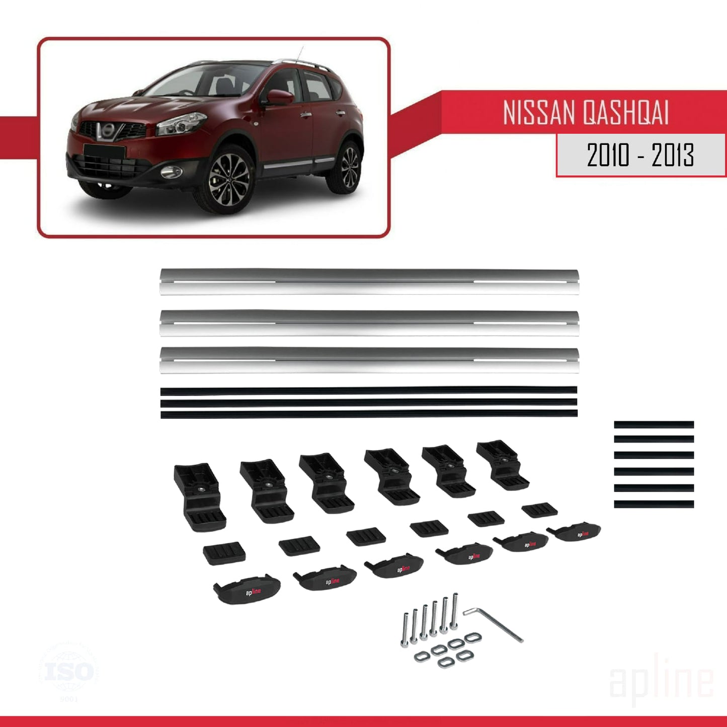 Compatible with Nissan Qashqai (J10) Post-Facelift 2010-2013 BASIC Model Car Roof Rack Cross Bar Grey Aluminium 3 Bars