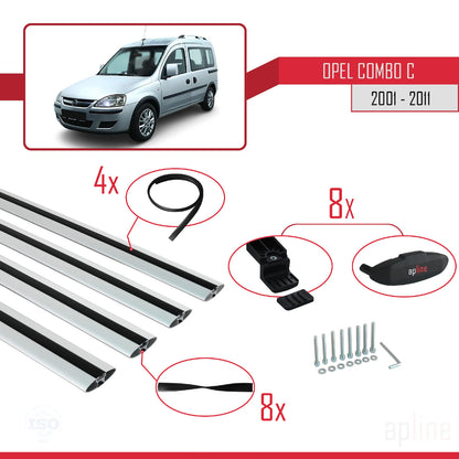 Compatible avec Opel Combo C 2001-2011 BASIC Model Barres de Toit Railing Porte-Bagages de Voiture Gris Aluminium 4 Barres