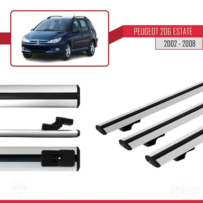 Kompatibel mit Peugeot 206 Combi 2002-2008 BASIC Model Relingträger Dachträger Auto Gepäckträger Grau Aluminium 3 Stangen