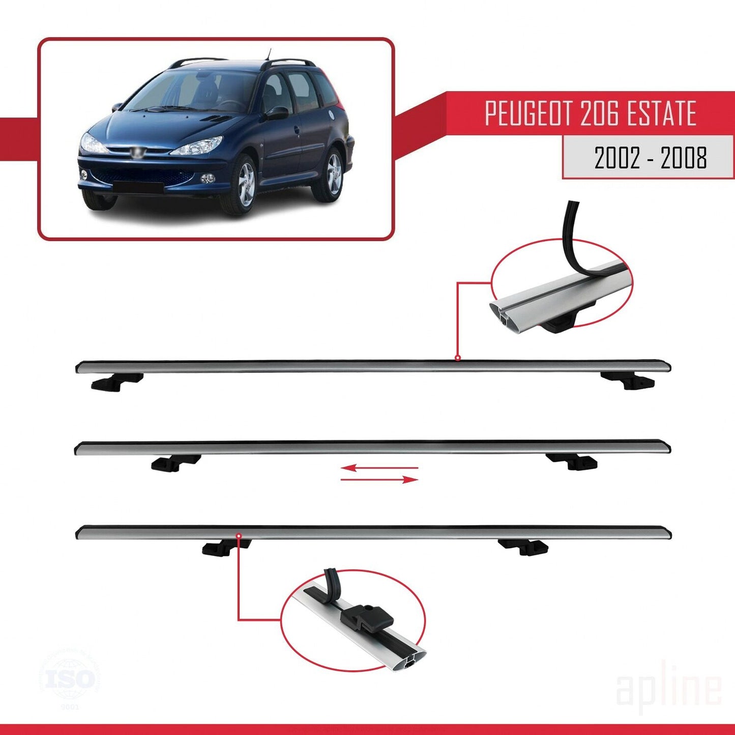 Kompatibel mit Peugeot 206 Combi 2002-2008 BASIC Model Relingträger Dachträger Auto Gepäckträger Grau Aluminium 3 Stangen