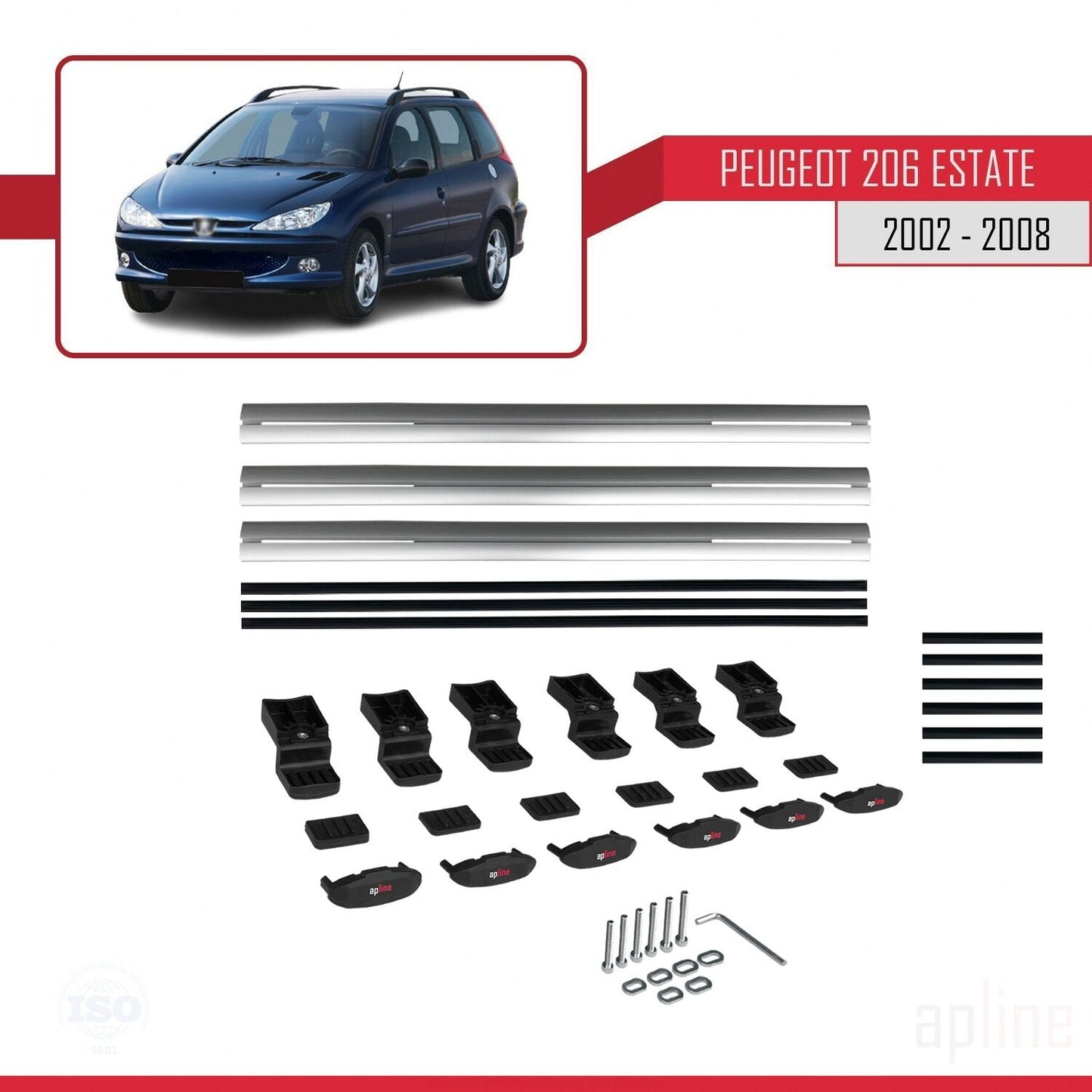 Kompatibel mit Peugeot 206 Combi 2002-2008 BASIC Model Relingträger Dachträger Auto Gepäckträger Grau Aluminium 3 Stangen