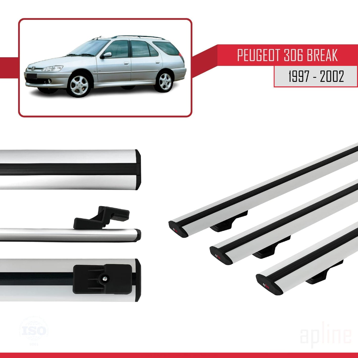 Kompatibel mit Peugeot 306 Combi 1997-2002 BASIC Model Relingträger Dachträger Auto Gepäckträger Grau Aluminium 3 Stangen