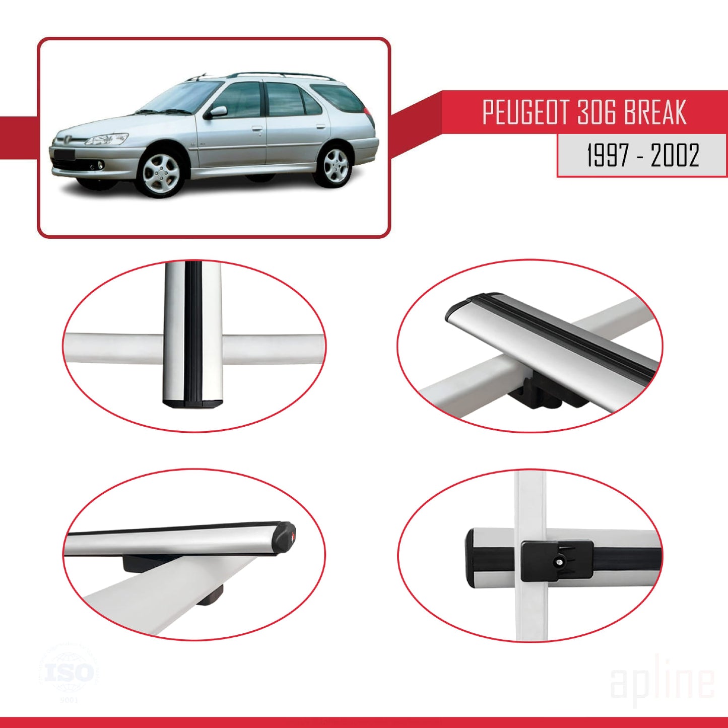 Kompatibel mit Peugeot 306 Combi 1997-2002 BASIC Model Relingträger Dachträger Auto Gepäckträger Grau Aluminium 3 Stangen