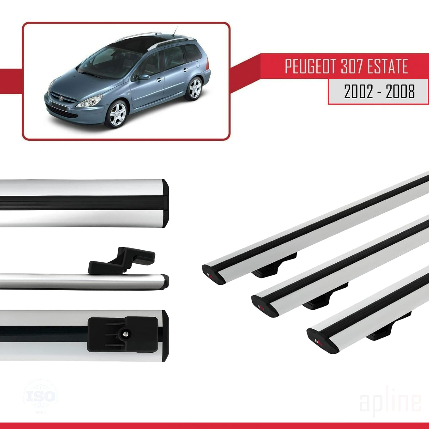 Compatible avec Peugeot 307 Break 2002-2008 BASIC Model Barres de Toit Railing Porte-Bagages de Voiture Gris Aluminium 3 Barres