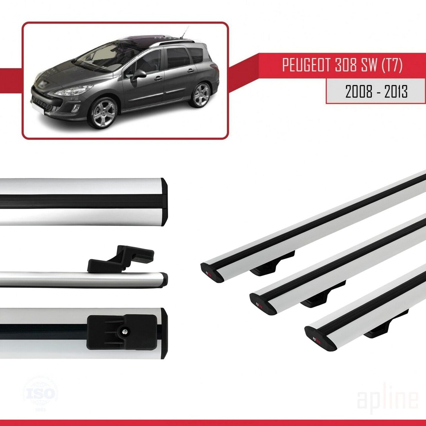 Kompatibel mit Peugeot 308 (T7) Combi 2008-2013 BASIC Model Relingträger Dachträger Auto Gepäckträger Grau Aluminium 3 Stangen