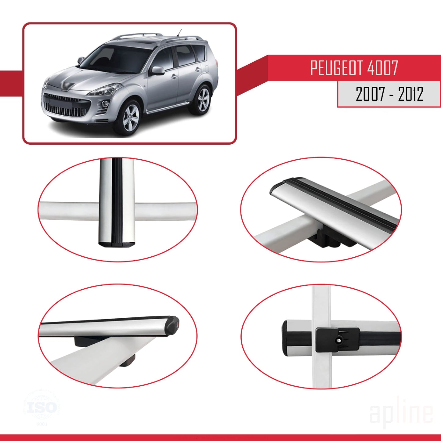 Kompatibel mit Peugeot 4007 2007-2012 BASIC Model Relingträger Dachträger Auto Gepäckträger Grau Aluminium 3 Stangen