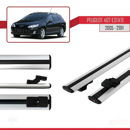 Kompatibel mit Peugeot 407 Combi 2005-2011 BASIC Model Relingträger Dachträger Auto Gepäckträger Grau Aluminium 2 Stangen