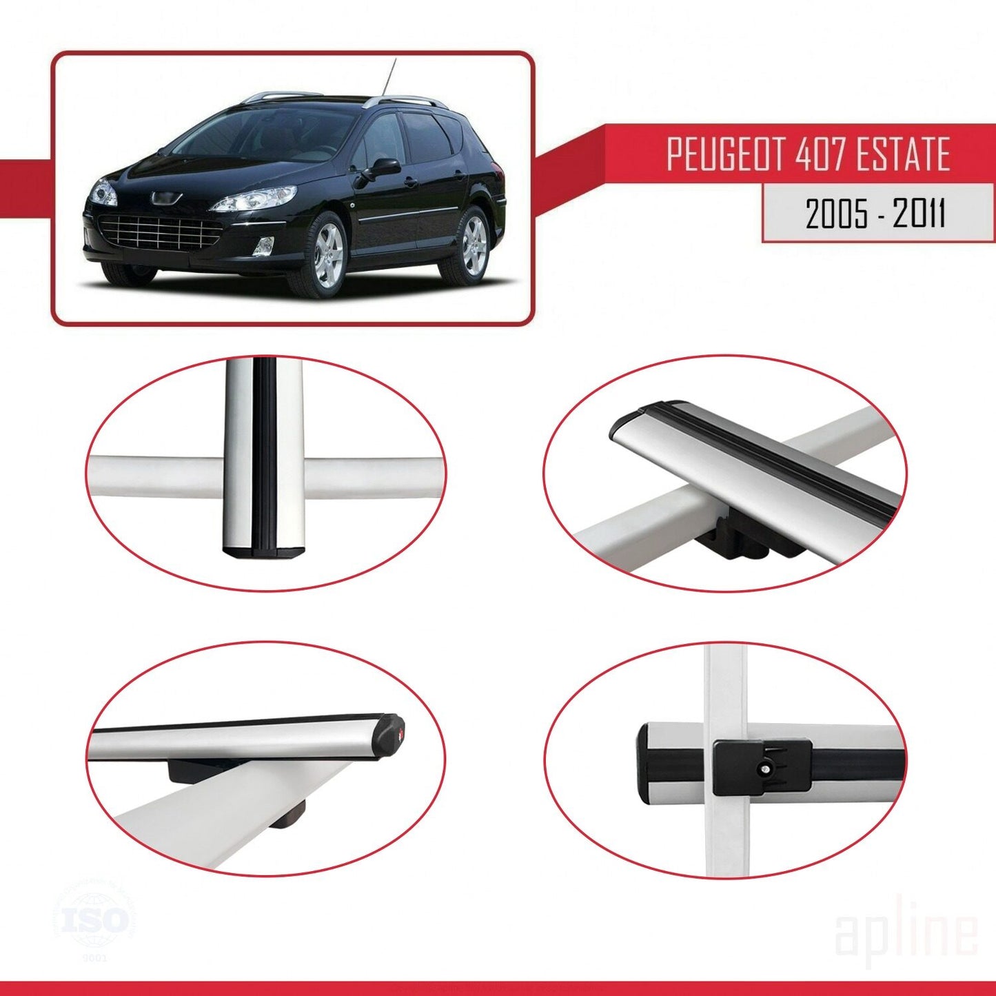 Kompatibel mit Peugeot 407 Combi 2005-2011 BASIC Model Relingträger Dachträger Auto Gepäckträger Grau Aluminium 2 Stangen