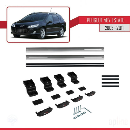 Kompatibel mit Peugeot 407 Combi 2005-2011 BASIC Model Relingträger Dachträger Auto Gepäckträger Grau Aluminium 2 Stangen