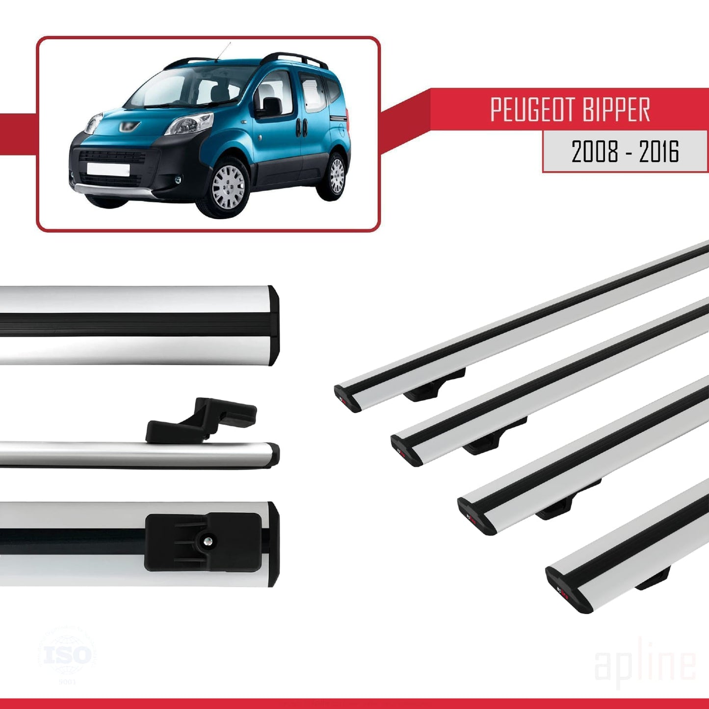 Compatible with Peugeot Bipper 2008-2017 BASIC Model Car Roof Rack Cross Bar Grey Aluminium 4 Bars