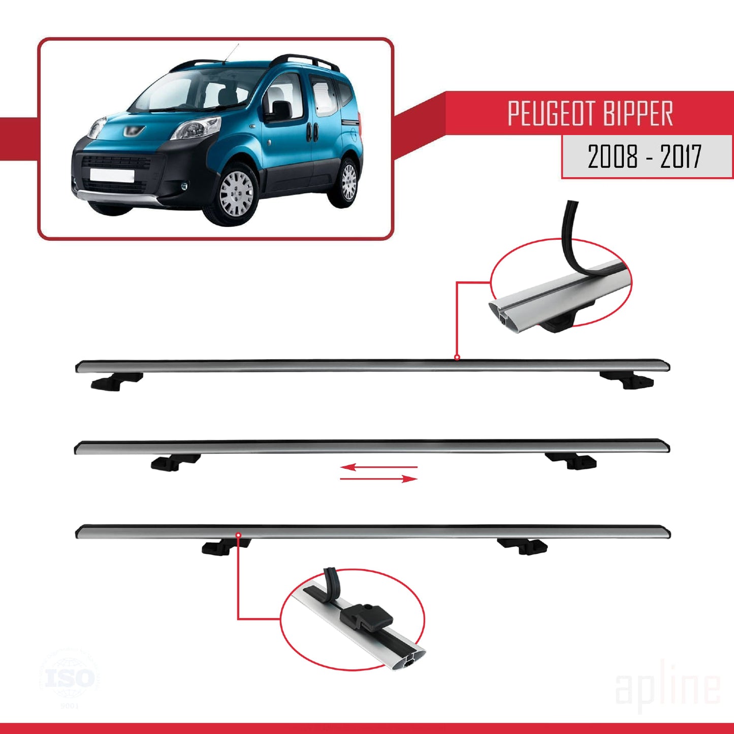 Kompatibel mit Peugeot Bipper 2008-2017 BASIC Model Relingträger Dachträger Auto Gepäckträger Grau Aluminium 2 Stangen