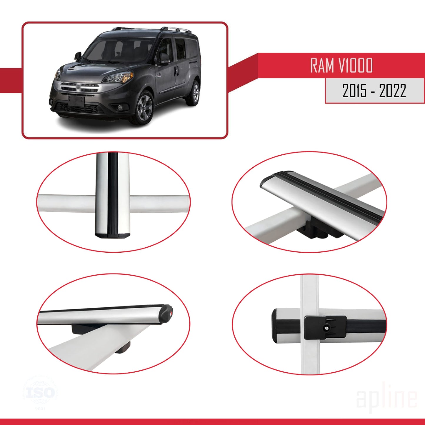 Compatible avec Ram V1000 2015-2022 BASIC Model Barres de Toit Railing Porte-Bagages de Voiture Gris Aluminium 3 Barres