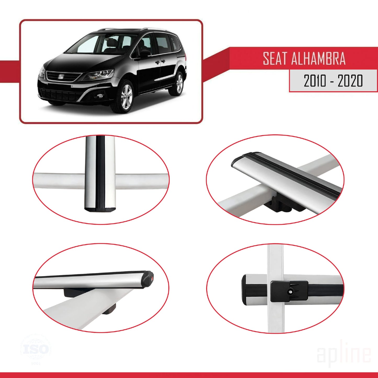 Compatible with Seat Alhambra 2 (7N) 2010-2020 BASIC Model Car Roof Rack Cross Bar Grey Aluminium 2 Bars