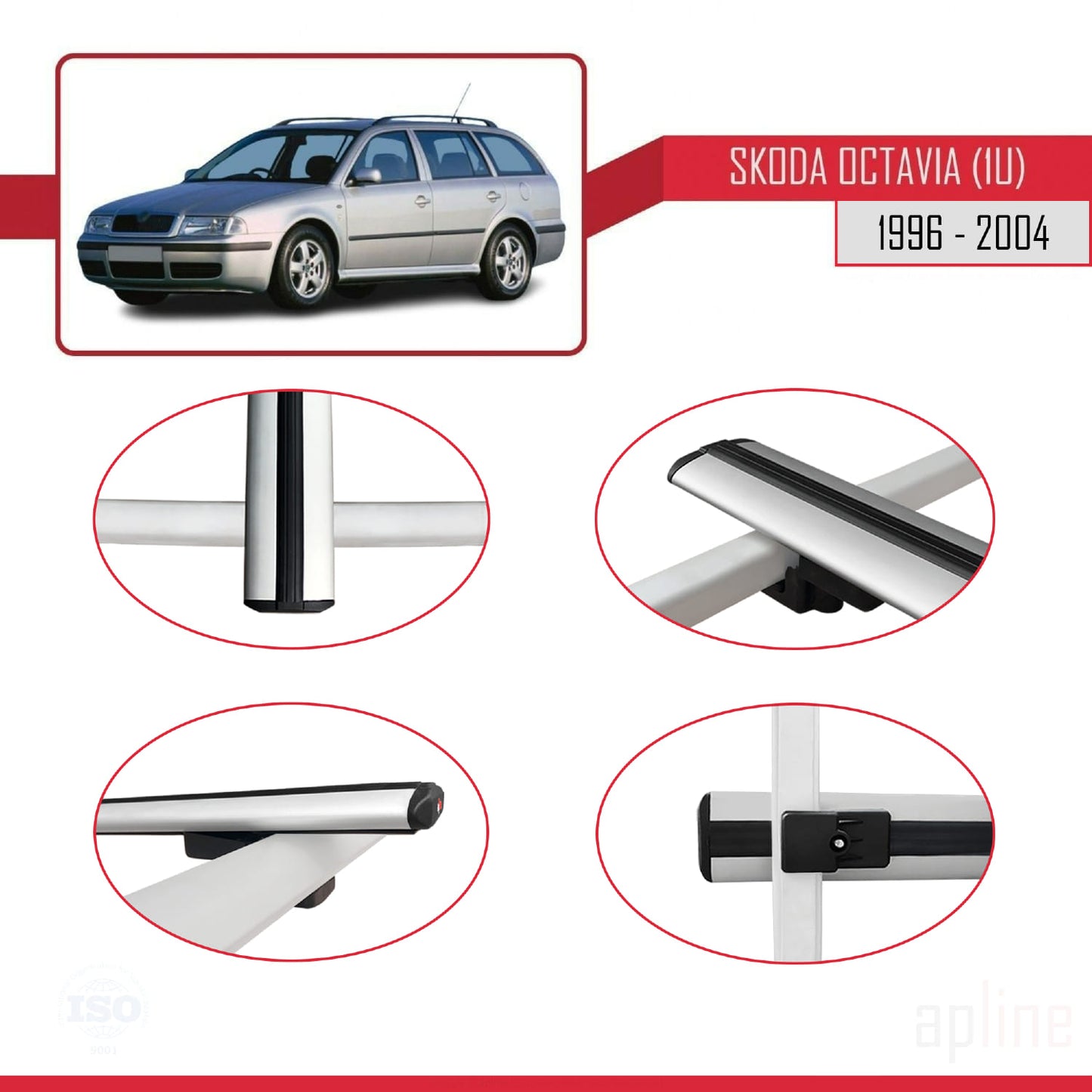Compatible with Skoda Octavia (1U) 1996-2004 BASIC Model Car Roof Rack Cross Bar Grey Aluminium 2 Bars