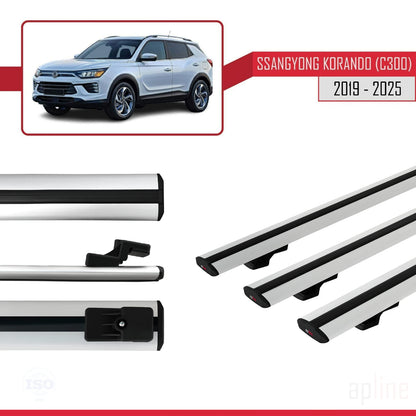 Compatible avec Ssangyong Korando 4 (C300) 2019-2025 BASIC Model Barres de Toit Railing Porte-Bagages de Voiture Gris Aluminium 3 Barres