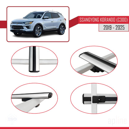 Compatible avec Ssangyong Korando 4 (C300) 2019-2025 BASIC Model Barres de Toit Railing Porte-Bagages de Voiture Gris Aluminium 3 Barres
