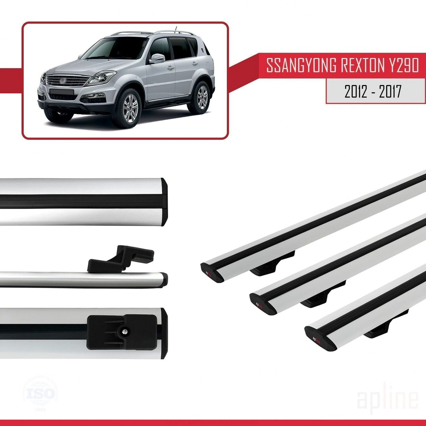 Compatible with Ssangyong Rexton (Y290) 2012-2017 BASIC Model Car Roof Rack Cross Bar Grey Aluminium 3 Bars