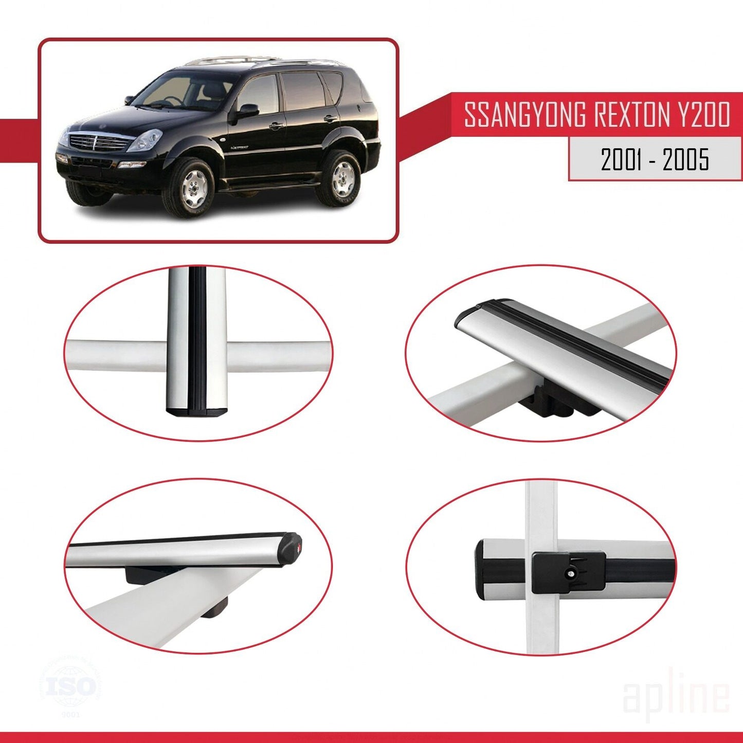Compatible with Ssangyong Rexton (Y200) 2001-2005 BASIC Model Car Roof Rack Cross Bar Grey Aluminium 2 Bars