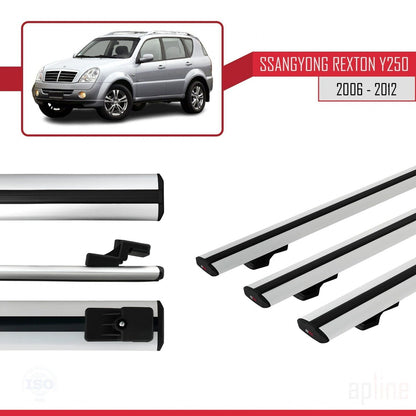 Compatible with Ssangyong Rexton (Y250) 2006-2012 BASIC Model Car Roof Rack Cross Bar Grey Aluminium 3 Bars