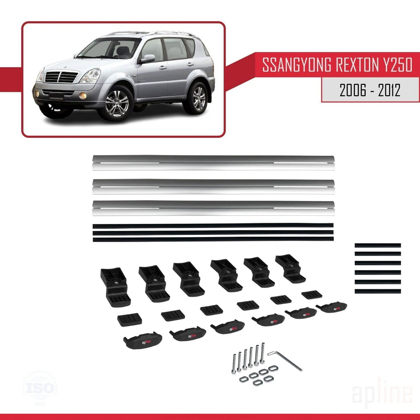 Compatible with Ssangyong Rexton (Y250) 2006-2012 BASIC Model Car Roof Rack Cross Bar Grey Aluminium 3 Bars