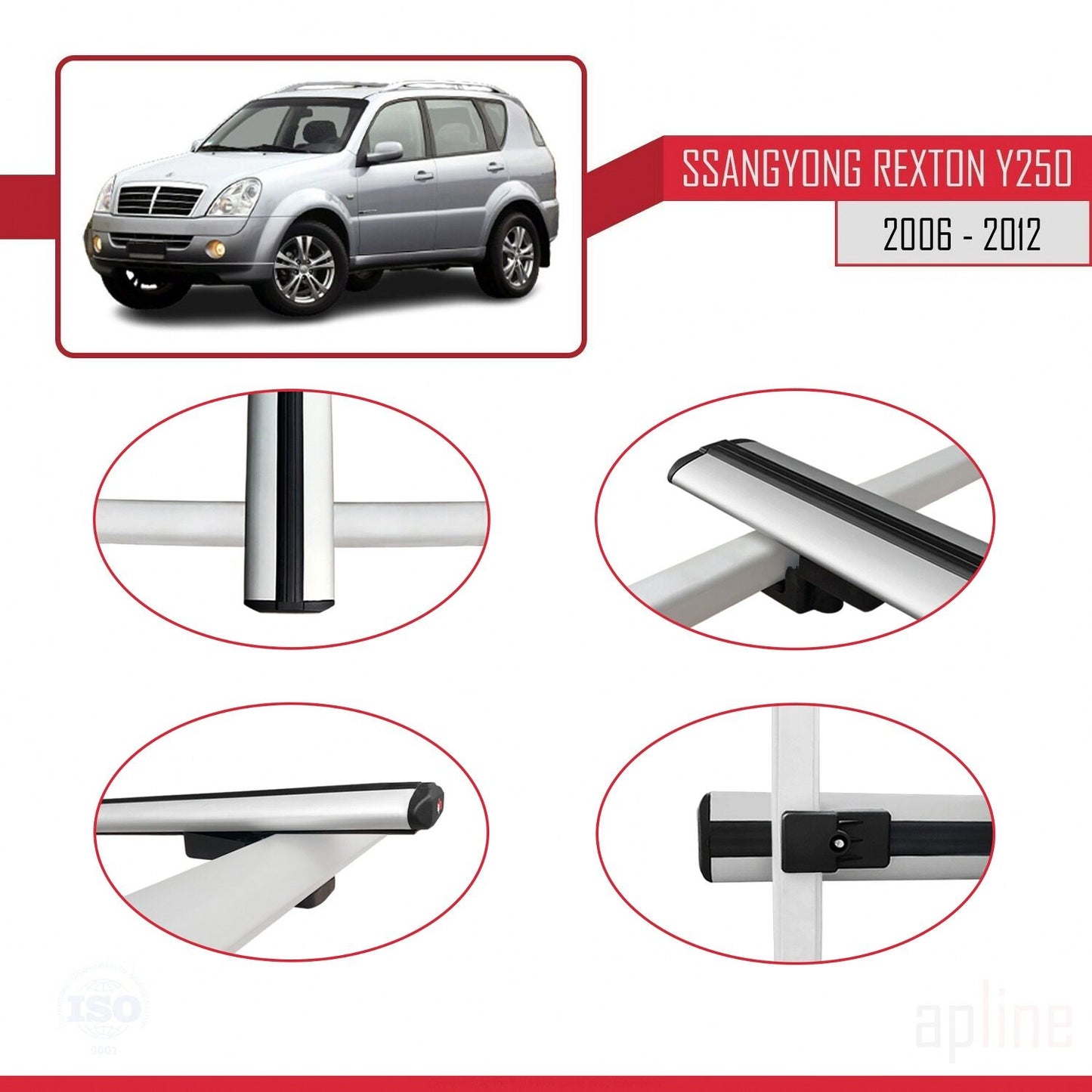 Compatible with Ssangyong Rexton (Y250) 2006-2012 BASIC Model Car Roof Rack Cross Bar Grey Aluminium 2 Bars