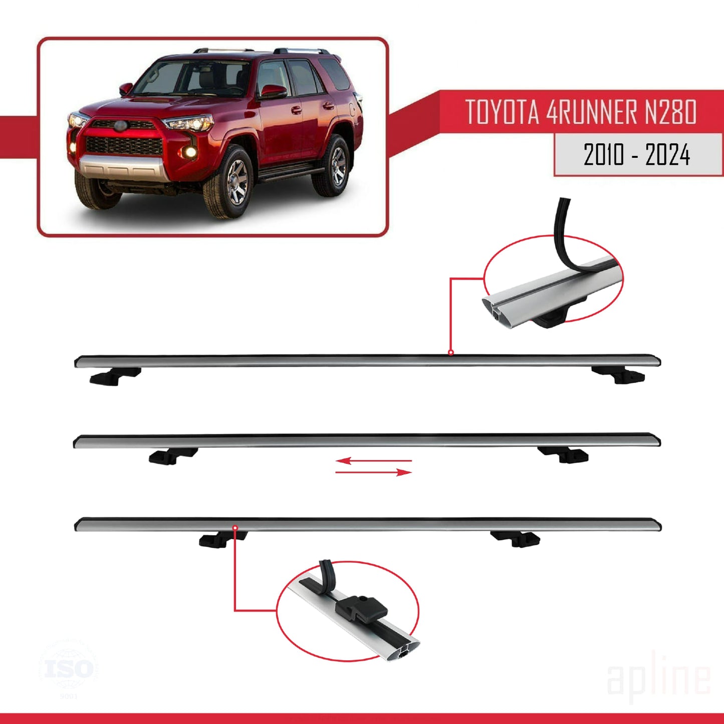 Compatible avec Toyota 4Runner (N280) 2010-2024 BASIC Model Barres de Toit Railing Porte-Bagages de Voiture Gris Aluminium 3 Barres