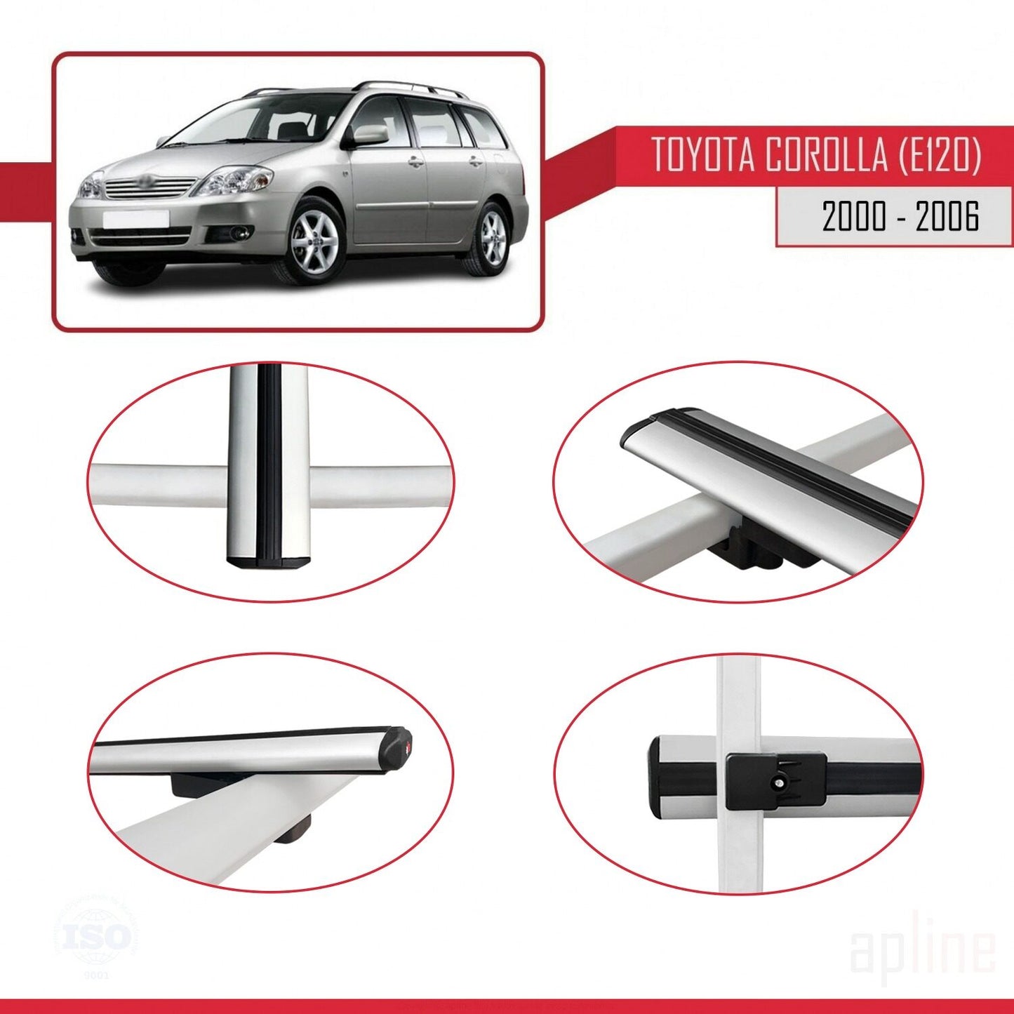 Compatible avec Toyota Corolla 9 (E120) Break 2000-2006 BASIC Model Barres de Toit Railing Porte-Bagages de Voiture Gris Aluminium 2 Barres