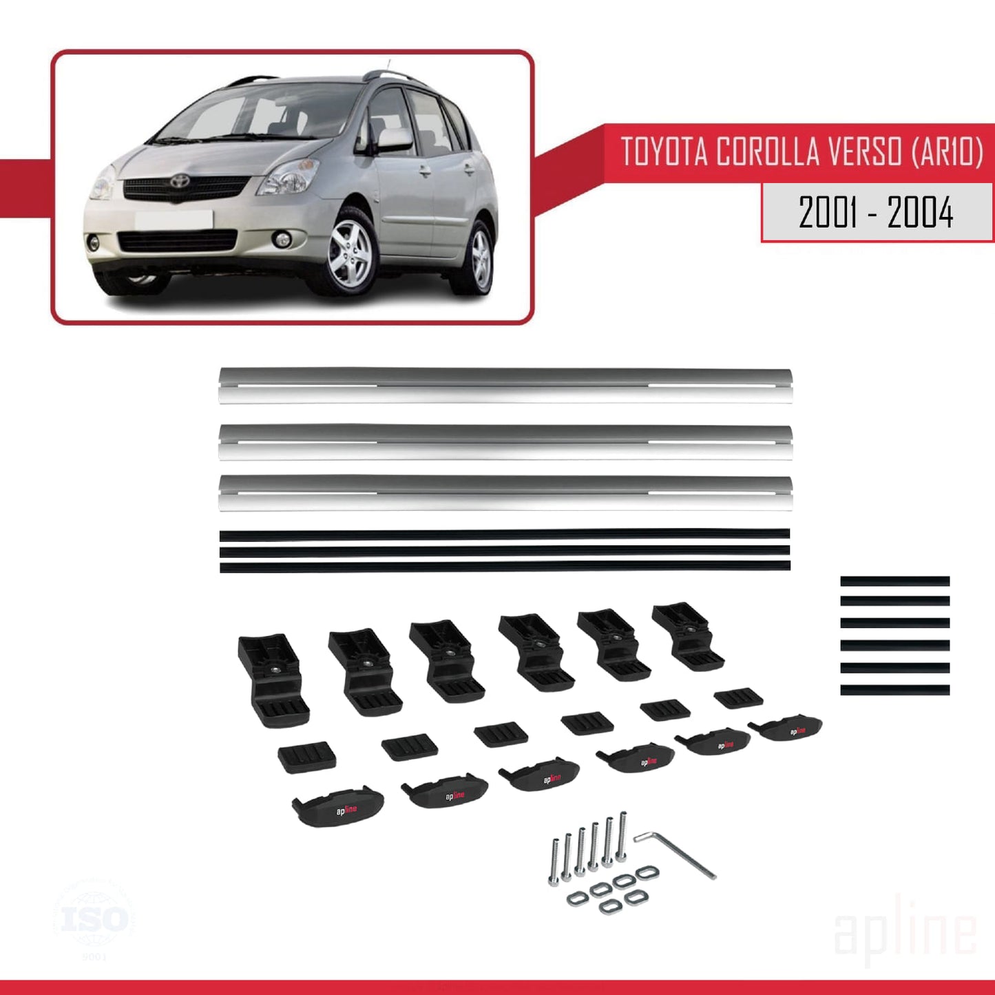 Compatible avec Toyota Corolla Verso (E120) 2001-2004 BASIC Model Barres de Toit Railing Porte-Bagages de Voiture Gris Aluminium 3 Barres
