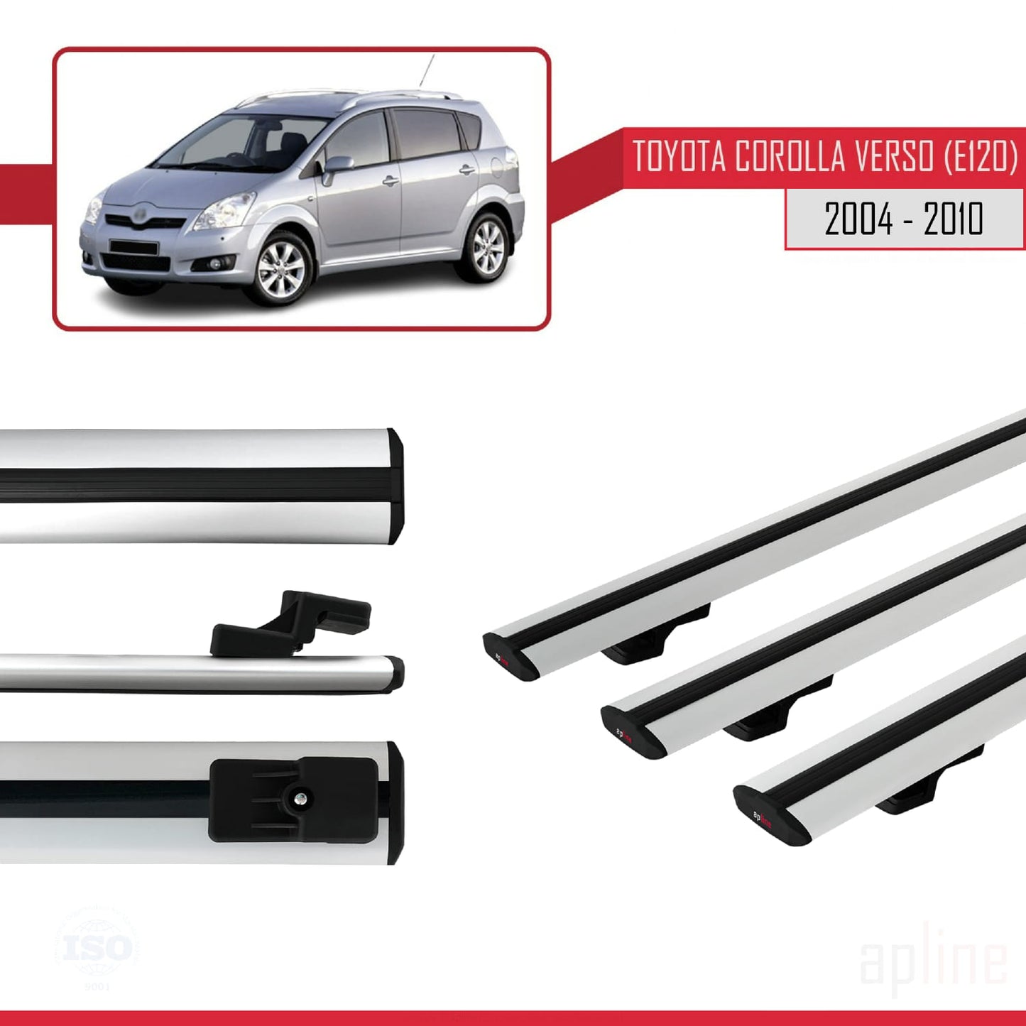 Compatible avec Toyota Corolla Verso 2 (AR10) 2004-2010 BASIC Model Barres de Toit Railing Porte-Bagages de Voiture Gris Aluminium 3 Barres